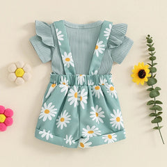 Baby Girl Flower Print Onesie & Suspender Shorts Set