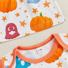 Baby Girl Ghost & Pumpkin Print Romper , Long Sleeves, and Matching Hat