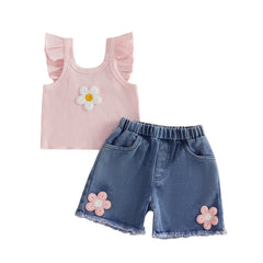 Baby Girls Flower Camisole with Denim Shorts Outfit