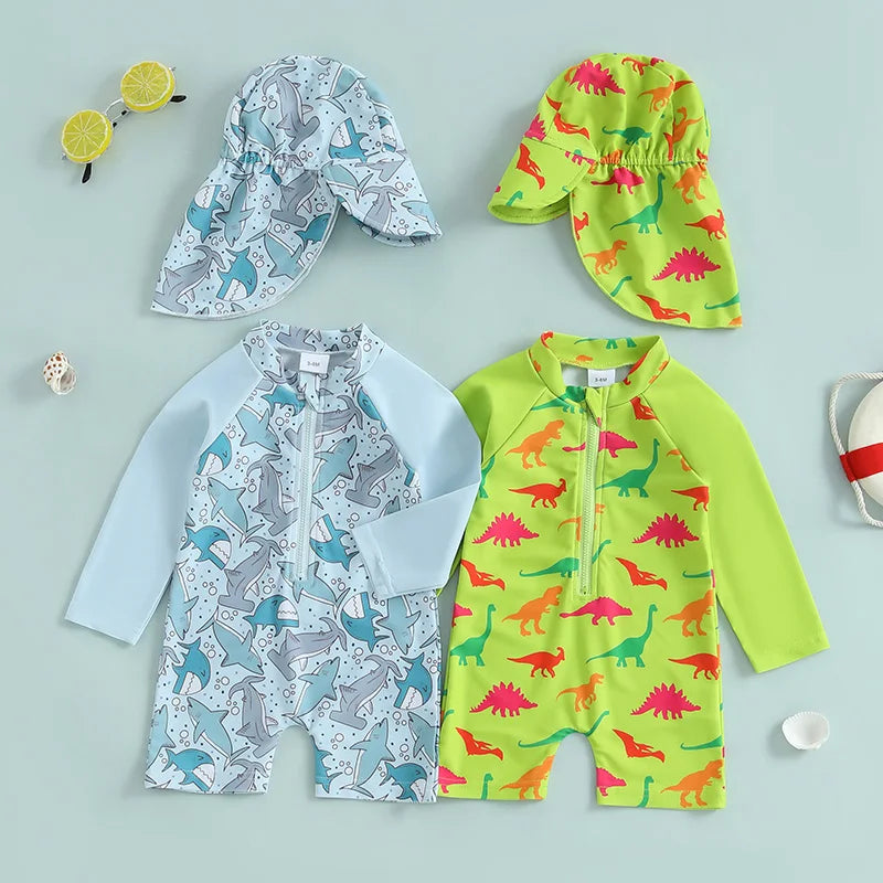 Baby Boys Rash Guard Swimsuit with Swim Cap | Comfy Tummies