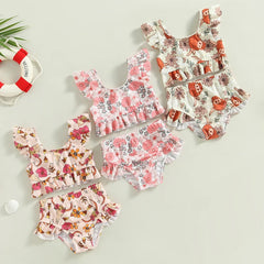 0-3Years Baby Girl Swim Set Flower/Bull Head Print