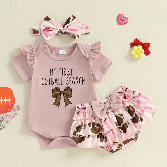 Baby Girl Letter Print Romper, Bow Shorts & Headband Summer Outfit