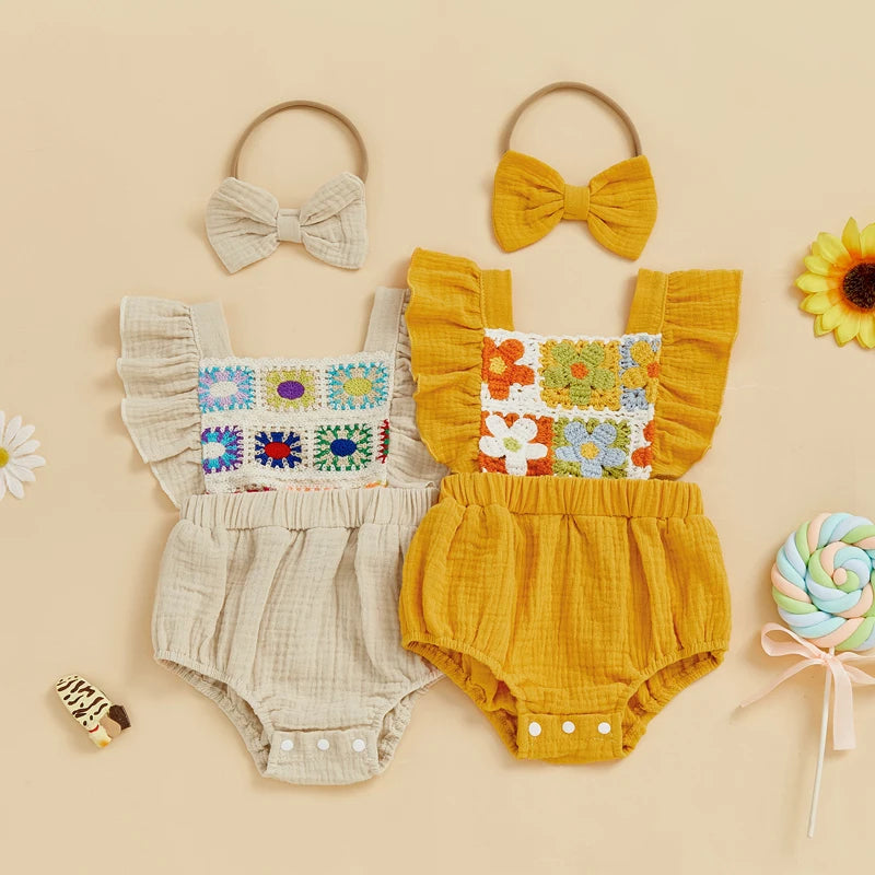 Summer Baby Girl Crochet Romper | Bow Headband