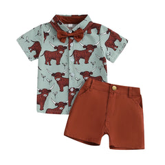 Toddler Baby Boy Western Print Shirt, Bow Tie & Shorts Gentleman Outfit