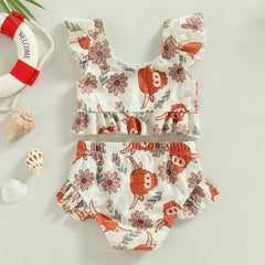 0-3Years Baby Girl Swim Set Flower/Bull Head Print