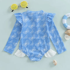 Baby Girl Long Sleeve Rash Guard Swimsuit – UV Protection with Ruffle Detail & Animal Print