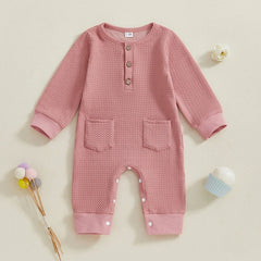0–18M Unisex Baby Solid Color, Long Sleeve, Button-Up Romper