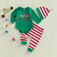0-12M Baby Christmas Outfit Letter Print Jumpsuit & Hat Set