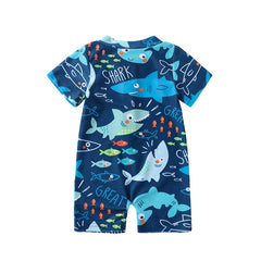 0-18M Infant Kids Boy Shark Printed Short Sleeve Zipper Jumpsuit Swimwear