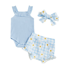 Baby Girl Ribbed Bodysuit, Plaid Ruffle Shorts & Headband Outfit Set