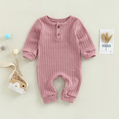 0-18M Unisex Baby Long Sleeve, O-Neck Jumpsuit, 4 Solid Colors Autumn Romper