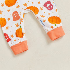 Baby Girl Ghost & Pumpkin Print Romper , Long Sleeves, and Matching Hat