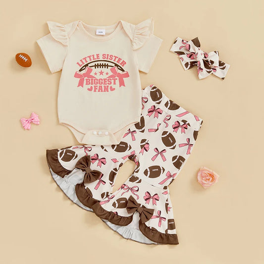 Baby Girl Bow Rugby Print Romper Set with Flare Pants & Headband