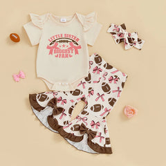 Baby Girl Bow Rugby Print Romper Set with Flare Pants & Headband