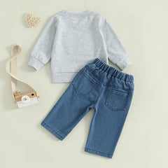 Toddler Boy "Game Day" Embroidered Long Sleeve Top & Denim Pants Fall Outfit