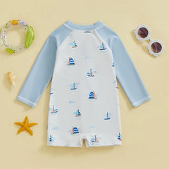 Baby Boys Shark & Palm Print, Long Sleeve, Zip-Up Rash Guard Swimsuit