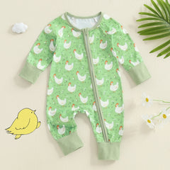 Baby Girl Chicken Print Long Sleeve Zipper Romper with Headband