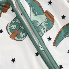 Baby Boy Long Sleeve, Crew Neck, Boots Print, Zippered Romper