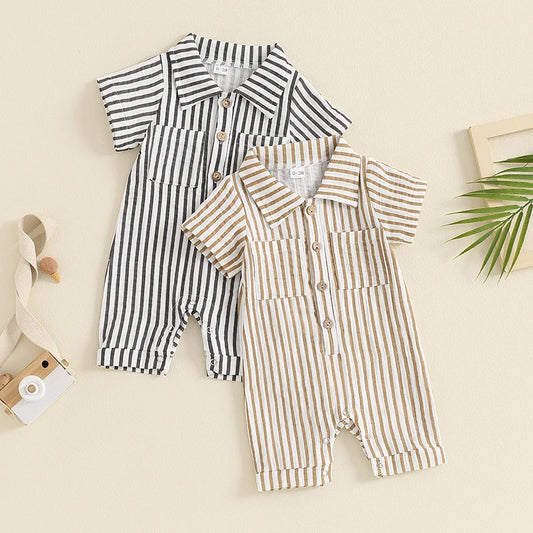 Baby Boy Striped Summer Romper – Short Sleeve, Easy Snap