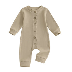 Unisex Waffle Knit Solid Color, Long Sleeve, Button Down Baby Romper