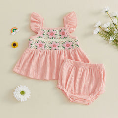 Baby Girl Summer Crochet Flower Tops + Shorts Set