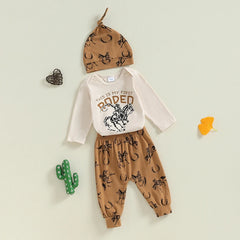 Baby Boy Letter Romper Rodeo Horse Pants & Hat Outfit
