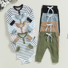 Autumn Baby Boy Long Sleeve Striped Print Romper + Pants Set