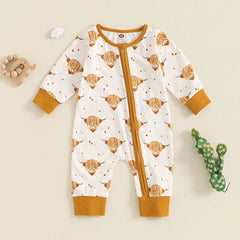 Baby Boy Cow & Horse Print, Long Sleeve, Zip-Up Fall Romper