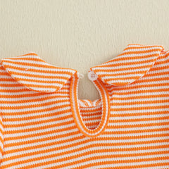 Baby Girl Short Sleeve, Doll Collar & Striped Print Halloween Onesie