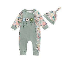 Baby Girl Floral Button-Down Romper with 3D Flowers, Long Sleeve & Hat Set