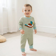 Newborn Baby Boys Long Sleeve Stripes Duck Embroidery Casual Autumn Romper