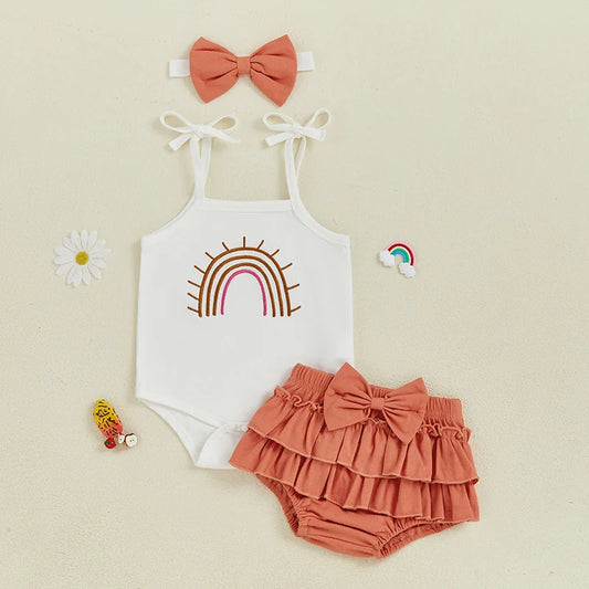 Baby Girl Rainbow Cami, Tiered Shorts & Bow Headband Romper Set