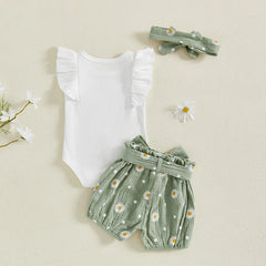 Baby Girl Ruffled Sleeve Romper, Daisy Shorts, Bow Headband & Belt Summer Set