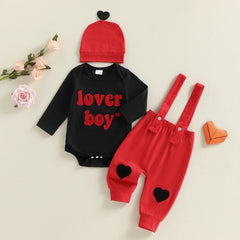 Baby Boy Valentine’s Embroidered Romper, Suspender Pants, and Hat