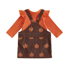 Baby Girls Long Sleeve Ruffled Ribbed Pumpkin Print Overalls Outfits