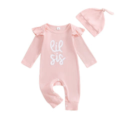 Baby Girls 0–18M Autumn Letter Romper with Hat – Long Sleeve Crew Neck