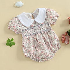 Newborn Baby Girl Short Sleeve Doll Collar Floral Print Onesie