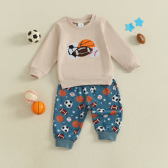 Baby Boy Football Embroidered Top & Drawstring Pants Fall Set