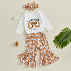Baby Girl Romper, Flare Pants & Headband Set Football Outfit