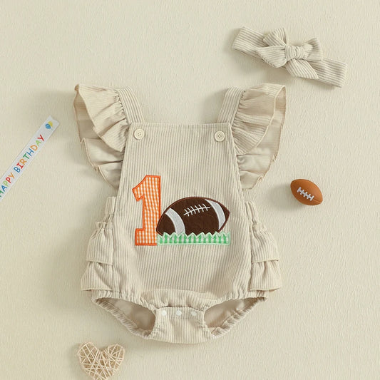 Baby Girls Rugby Embroidery & Headband Romper Set
