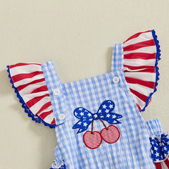 Baby Girls Patriotic Casual Cherry Embroidery Plaid Fly Sleeves Jumpsuit and Headband Set