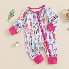 Unisex Baby Autumn Long Sleeve Crew Neck Fish Print Romper