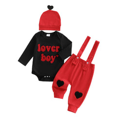 Baby Boy Valentine’s Embroidered Romper, Suspender Pants, and Hat