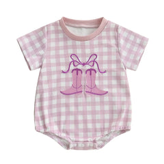 Baby Girls Western Boots Embroidered Plaid Short-Sleeve Onesie