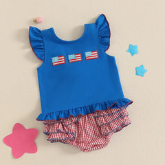 Baby Girls Independence Day Flag Embroidery Shorts Sets