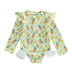 Baby Girl Long Sleeve Rash Guard Swimsuit – UV Protection with Ruffle Detail & Animal Print