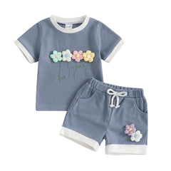 Toddler Girl Waffle Set with 3D Flower Top & Stretchy Shorts