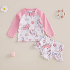 Baby Girl Seashell & Seahorse Print Rash Guard Swimsuit