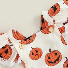 0-18M Baby Girls Halloween Pumpkin Print Ruffle Romper with Headband Set