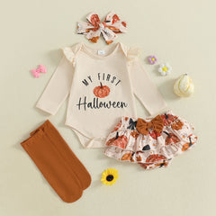 Baby Girl Pumpkin Romper, Tiered Shorts, Leg Warmers & Headband Halloween Set